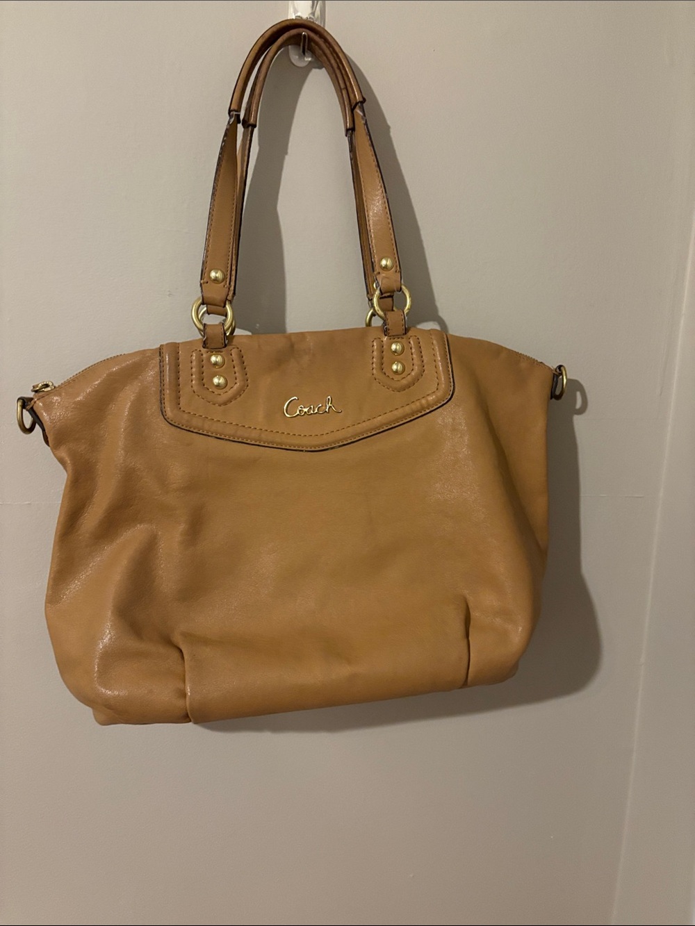 Coach Tan Leather Shoulder Bag with Gold-Tone Hardware